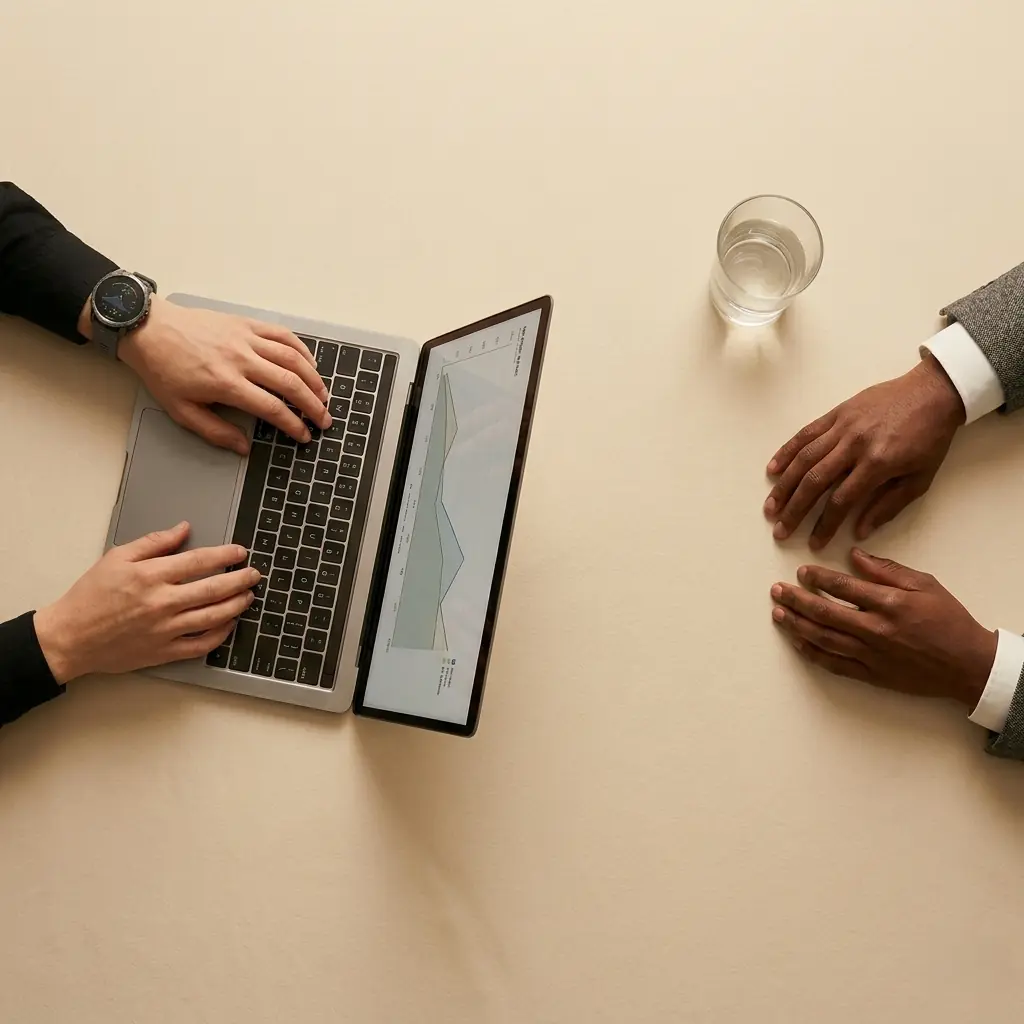 Beratungsgespräch von oben: Laptop mit Diagramm, zwei Personen am Tisch — Personal Health Coaching Berlin