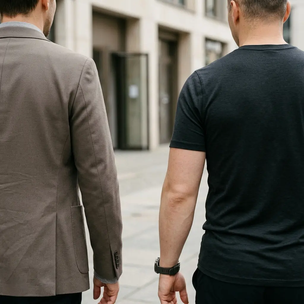 Zwei Männer von hinten vor einem Gebäude — Personal Health Coaching Berlin, langfristige Begleitung