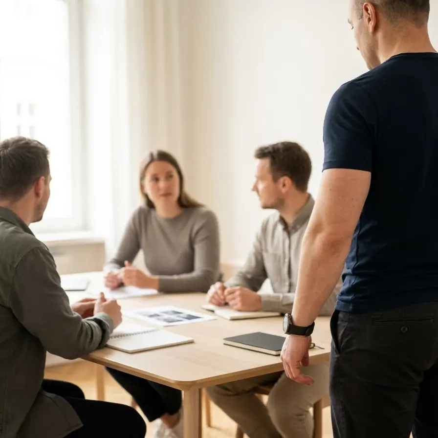 Corporate Health Coaching Berlin — Gruppe am Tisch im Gespräch, Coach steht von hinten sichtbar