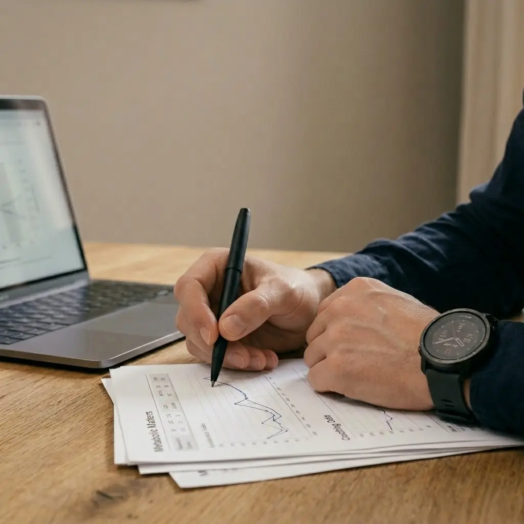 Hand mit Stift annotiert Laborwerte auf ausgedruckten Diagrammen, Laptop im Hintergrund — Health Diagnostic
