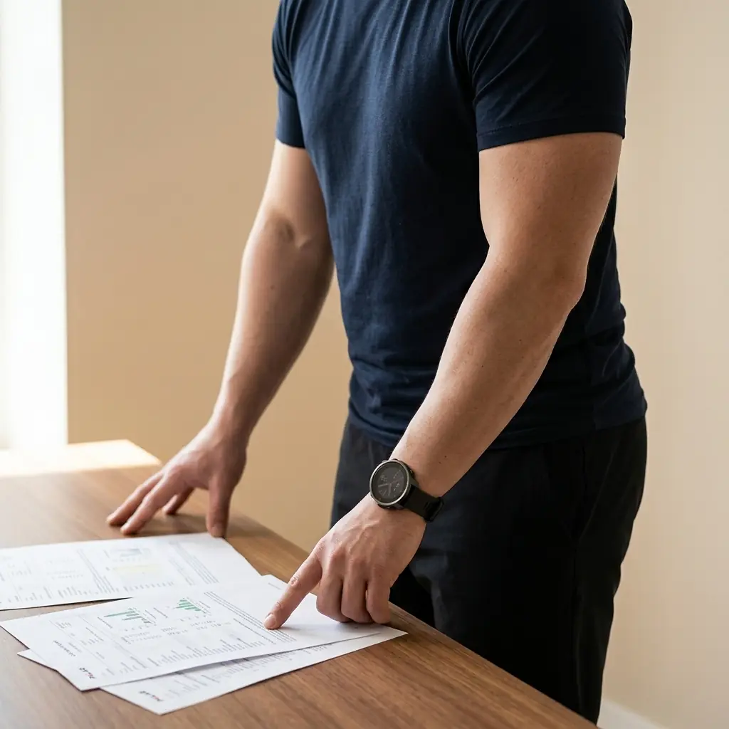 Functional Health Coach Berlin zeigt auf ausgedruckte Laborwerte am Schreibtisch — Ausbildung Klinische Psycho-Neuro-Immunologie (kPNI) Berlin
