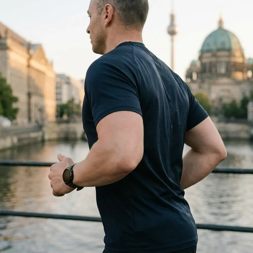Functional Health Coach Berlin läuft an der Spree — Berliner Dom und Fernsehturm im Hintergrund